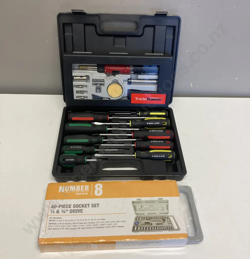 New No8 40Pce Socket Set 1/4&3/8" Drive, Fuller 10Pce Screwdriver Set, TradeFlame Soldering Set Image 1++